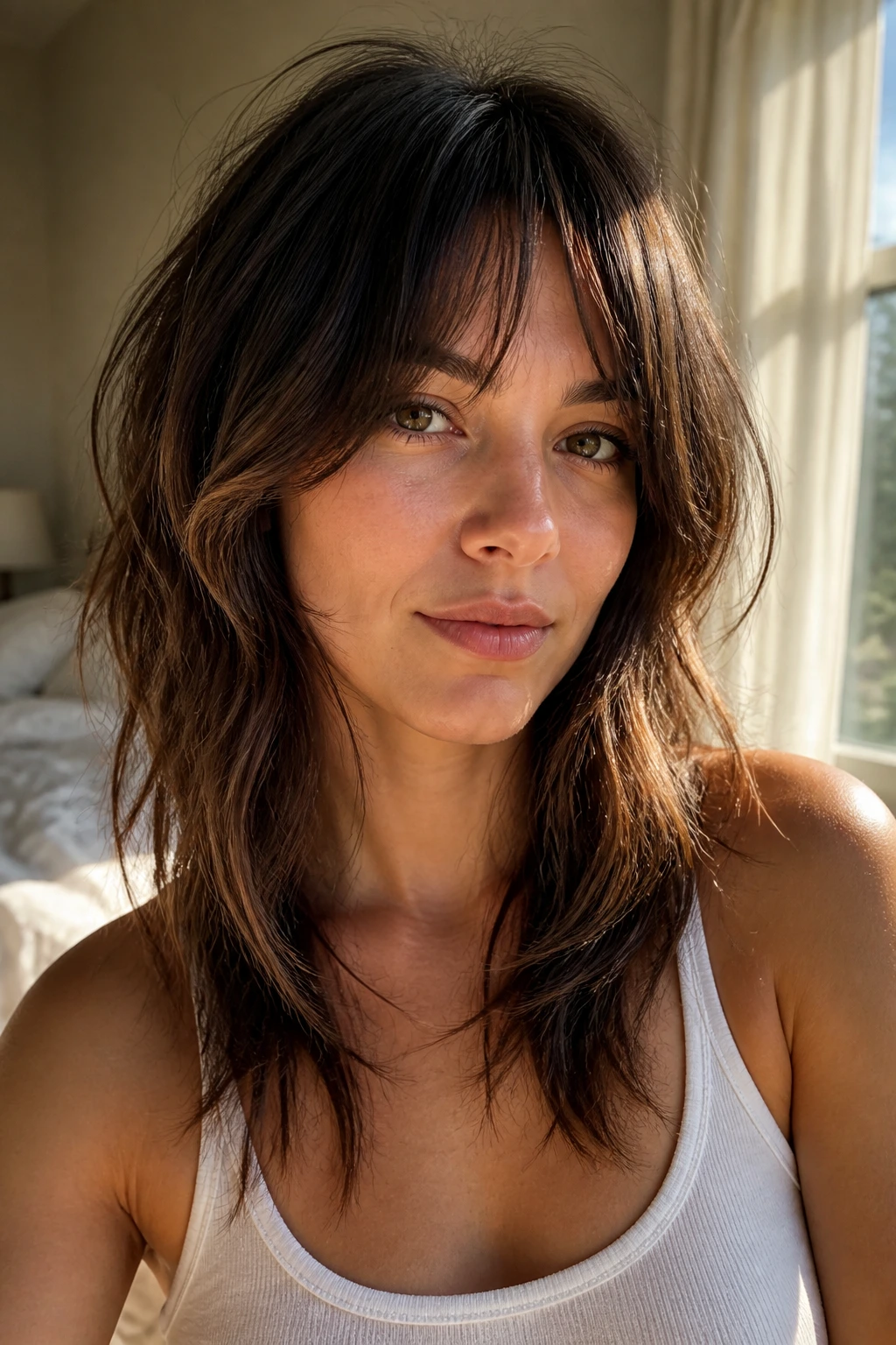 Close-up of a real woman with shag featuring curtain bangs and longer sides, in warm sunlit bedroom.