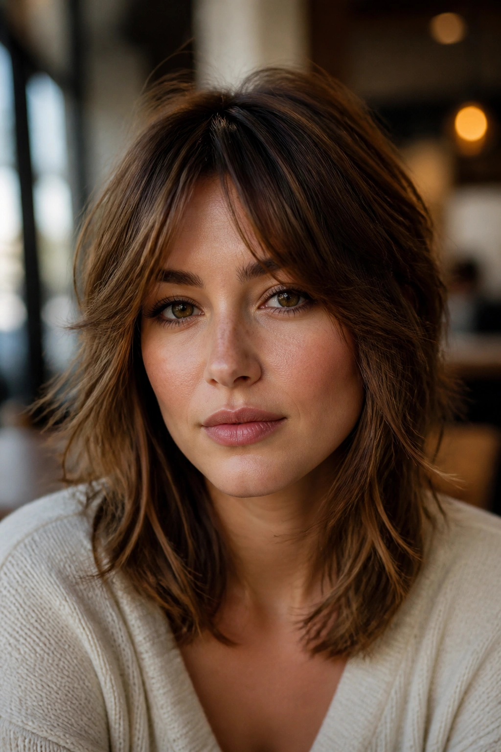 Real woman with shag-inspired curtain bangs and layered textured hair.