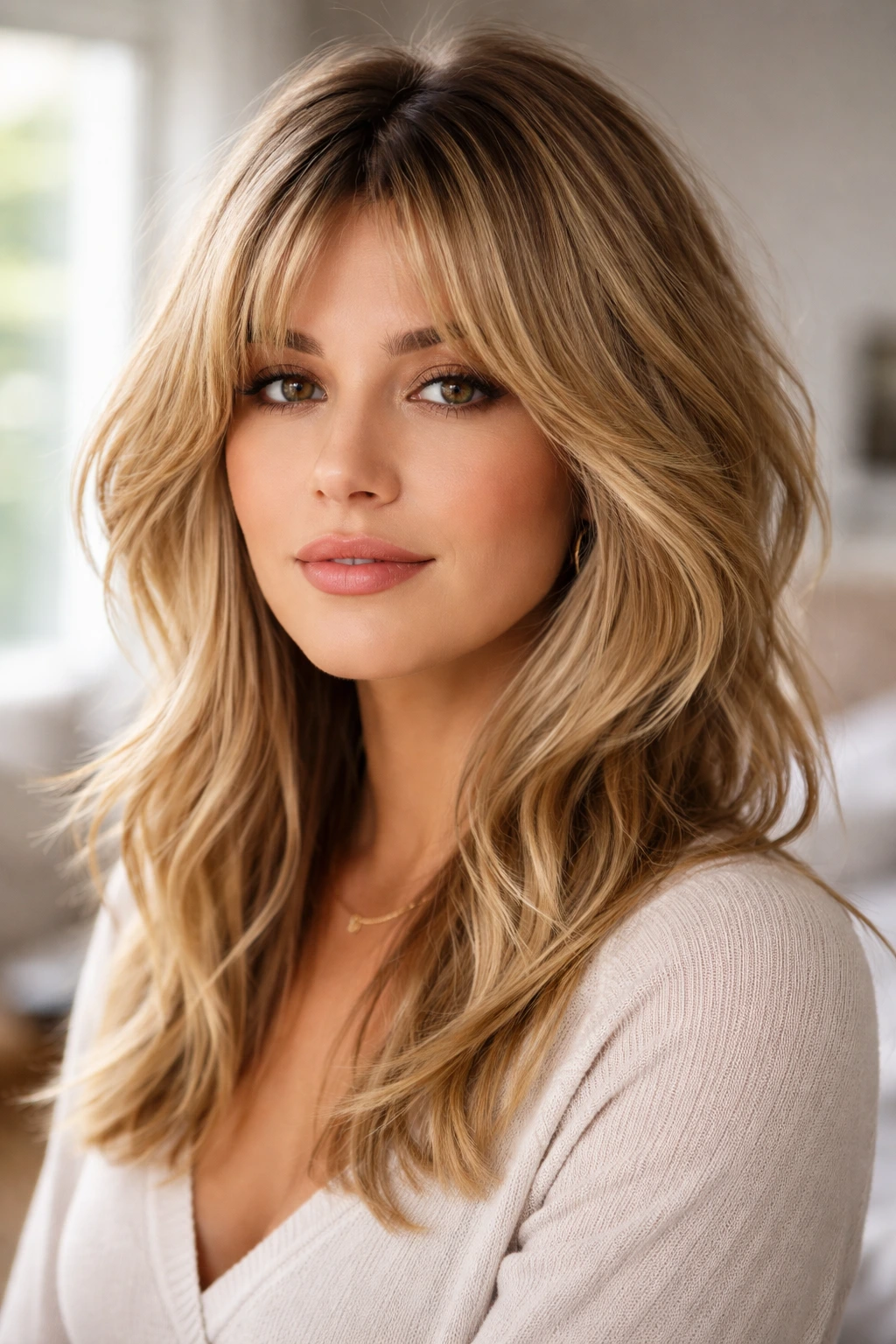 Close-up portrait of a real woman with shag haircut, curtain bangs and shadow roots.