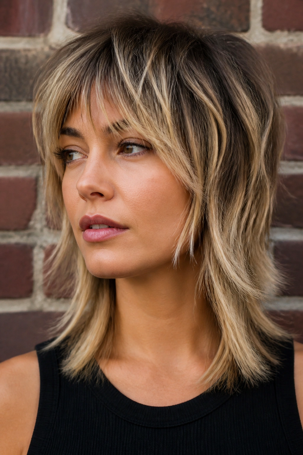Close-up of a woman with a shag cut and blonde highlights