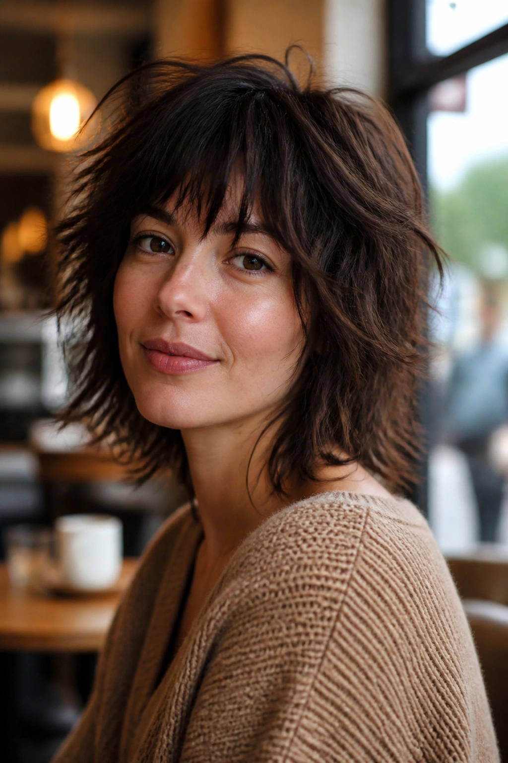 Close-up of shag cut with choppy layers on a real woman, natural light.