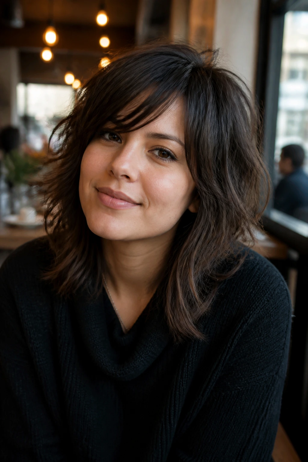 Close-up portrait of a real woman with shag cut and lived-in side fringe in cozy cafe lighting