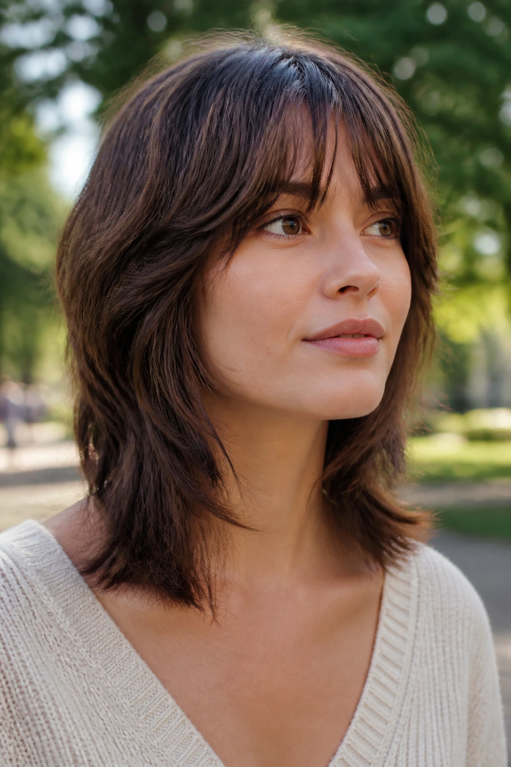 Close-up of a real person with shag featuring soft feathered ends and tapered edges.