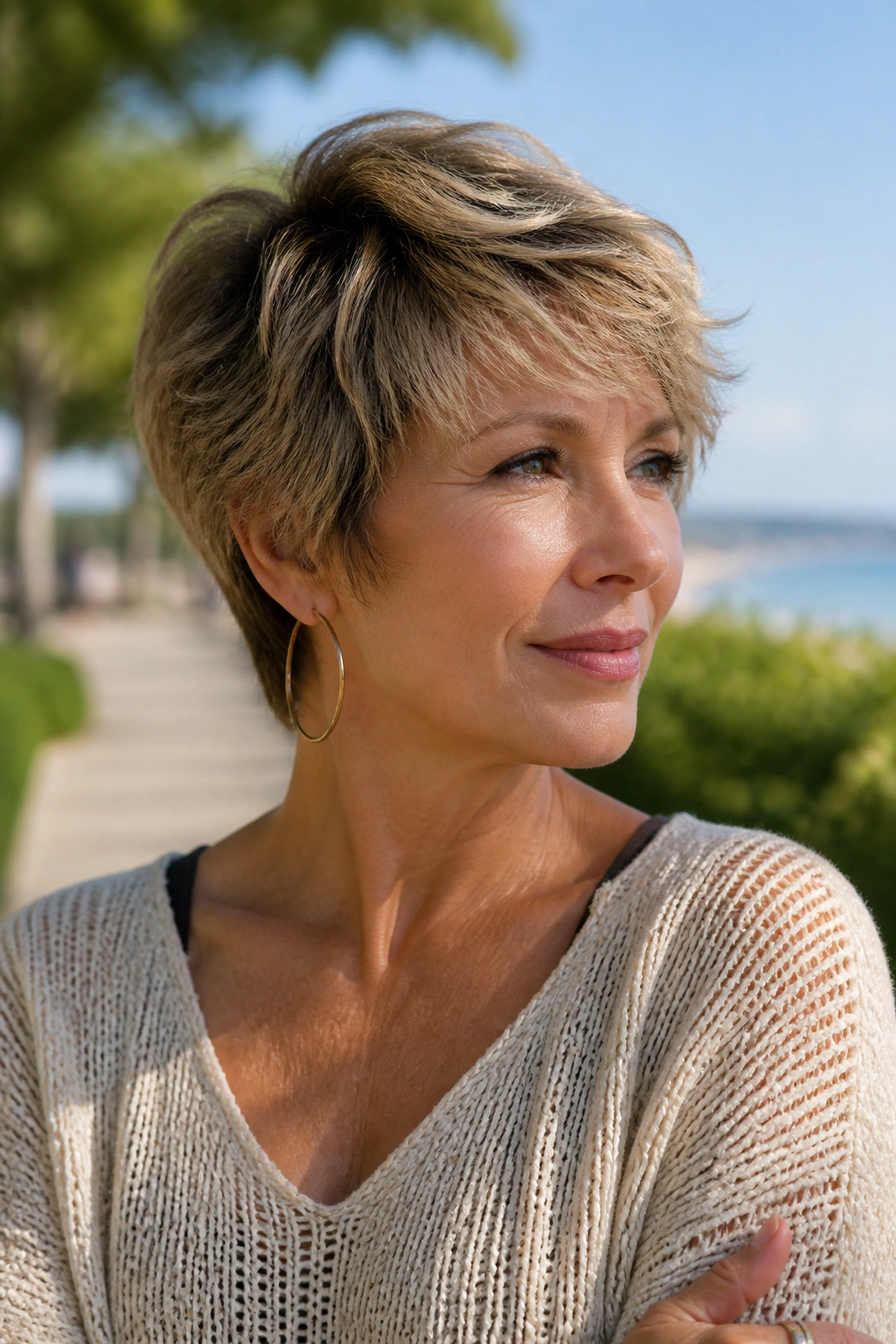 Portrait of real woman with shag-inspired feathered pixie in outdoor light.