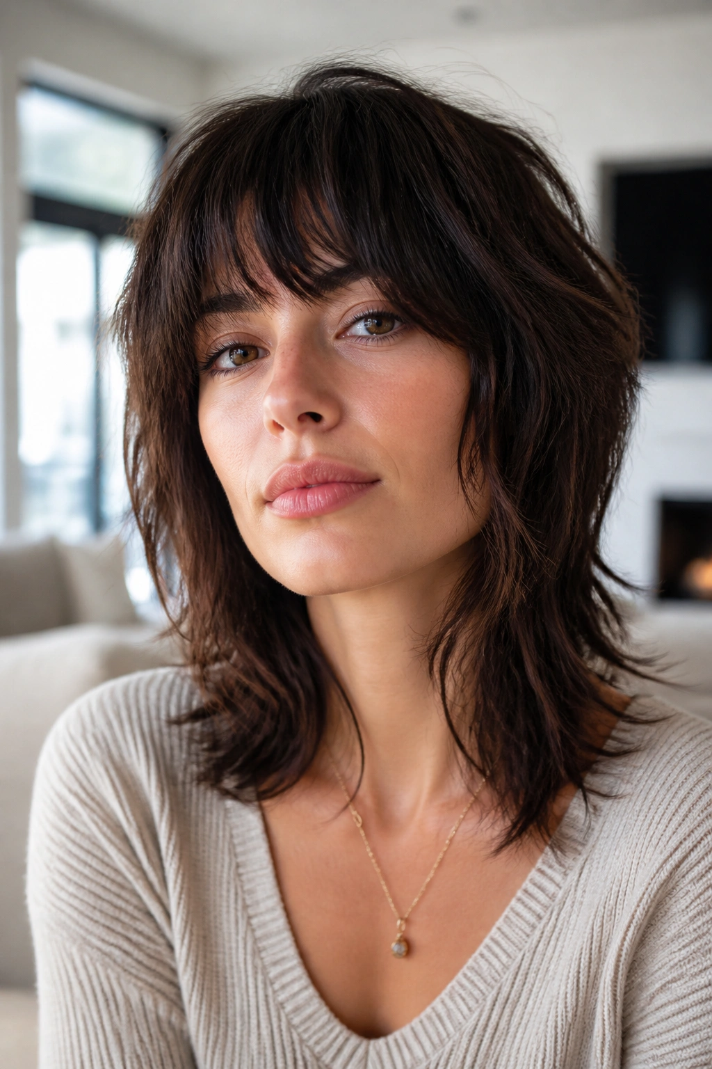 Close-up of a real woman sporting a shag haircut with feathered texture in bright room light.