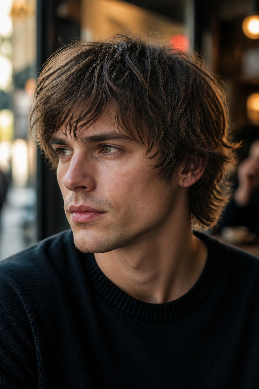 Close-up portrait of a man with fine-hair shag showing soft textured layers and uplift in warm cafe light.