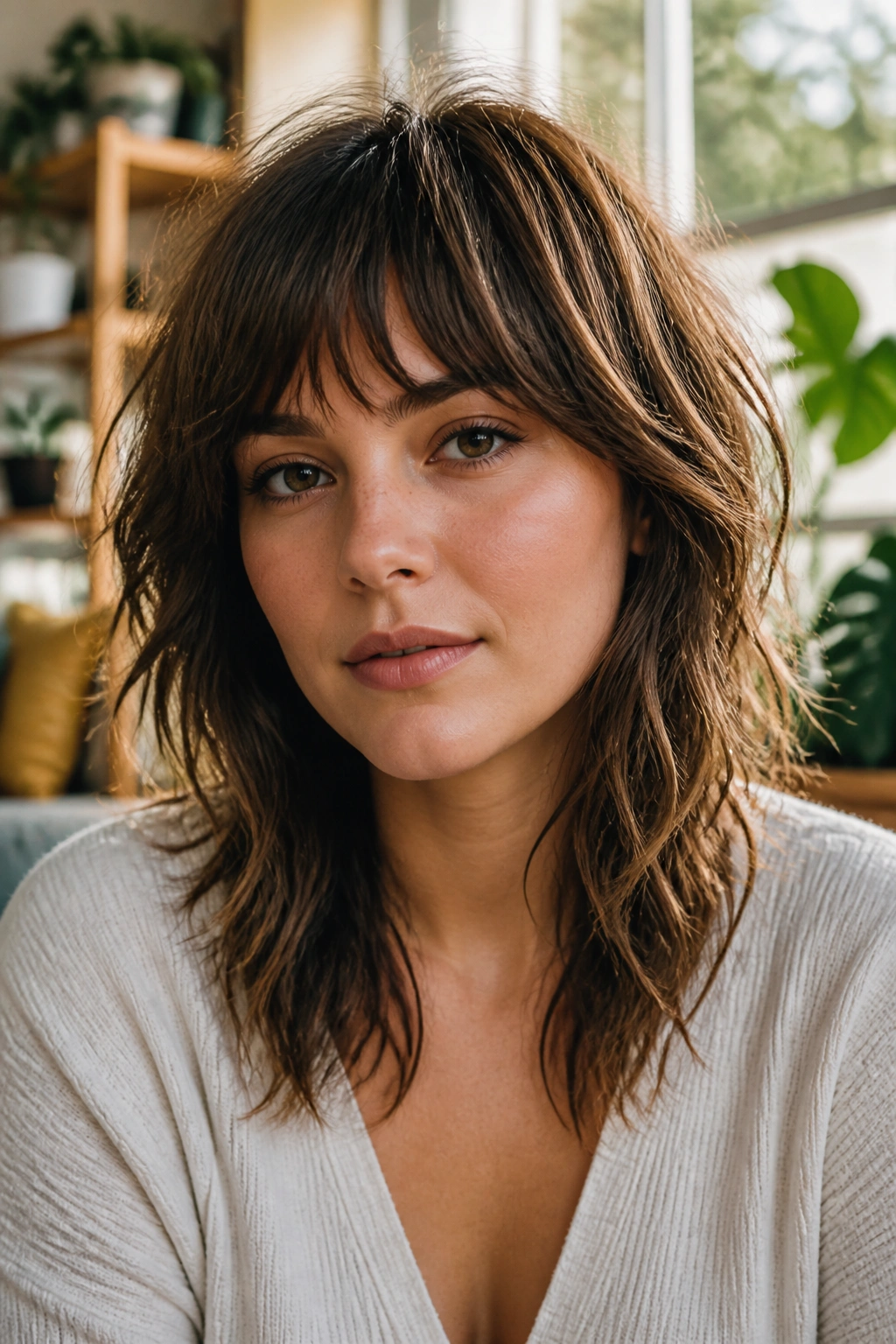 Portrait of a woman with shag fringe and layered texture in a sunny living room.
