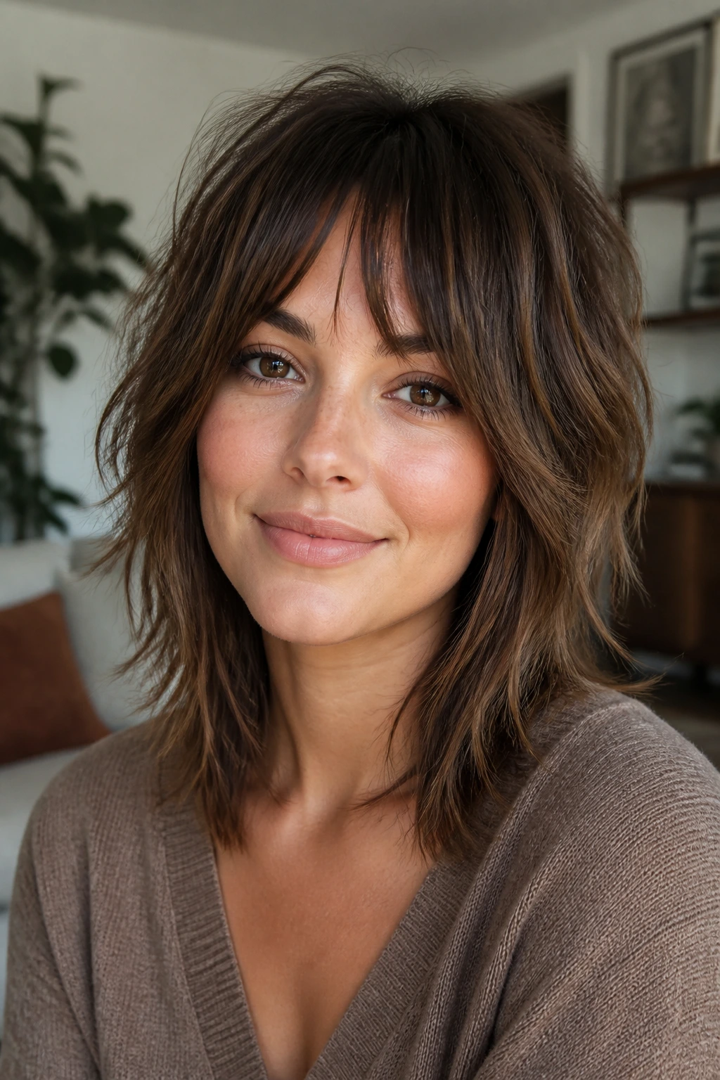 Real woman with shag haircut and piecey fringe, close-up portrait