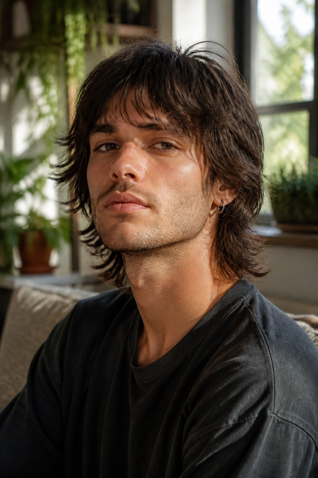 Man with feathered shag haircut in a sunlit living room