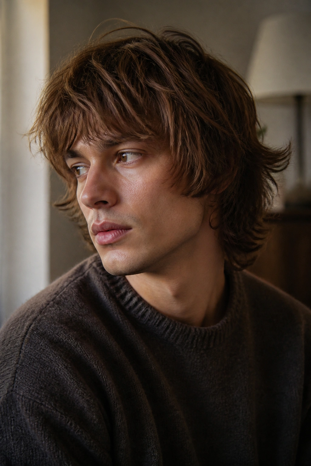 Portrait of a person with layered shag haircut showing movement