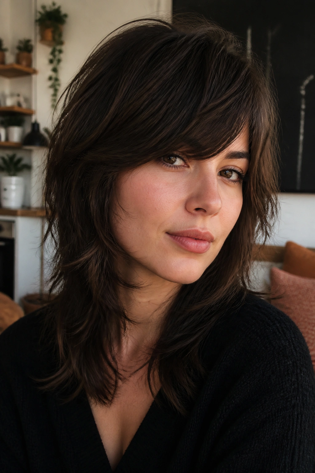 Close-up of a real woman with shag haircut and side bangs in a cozy living room.