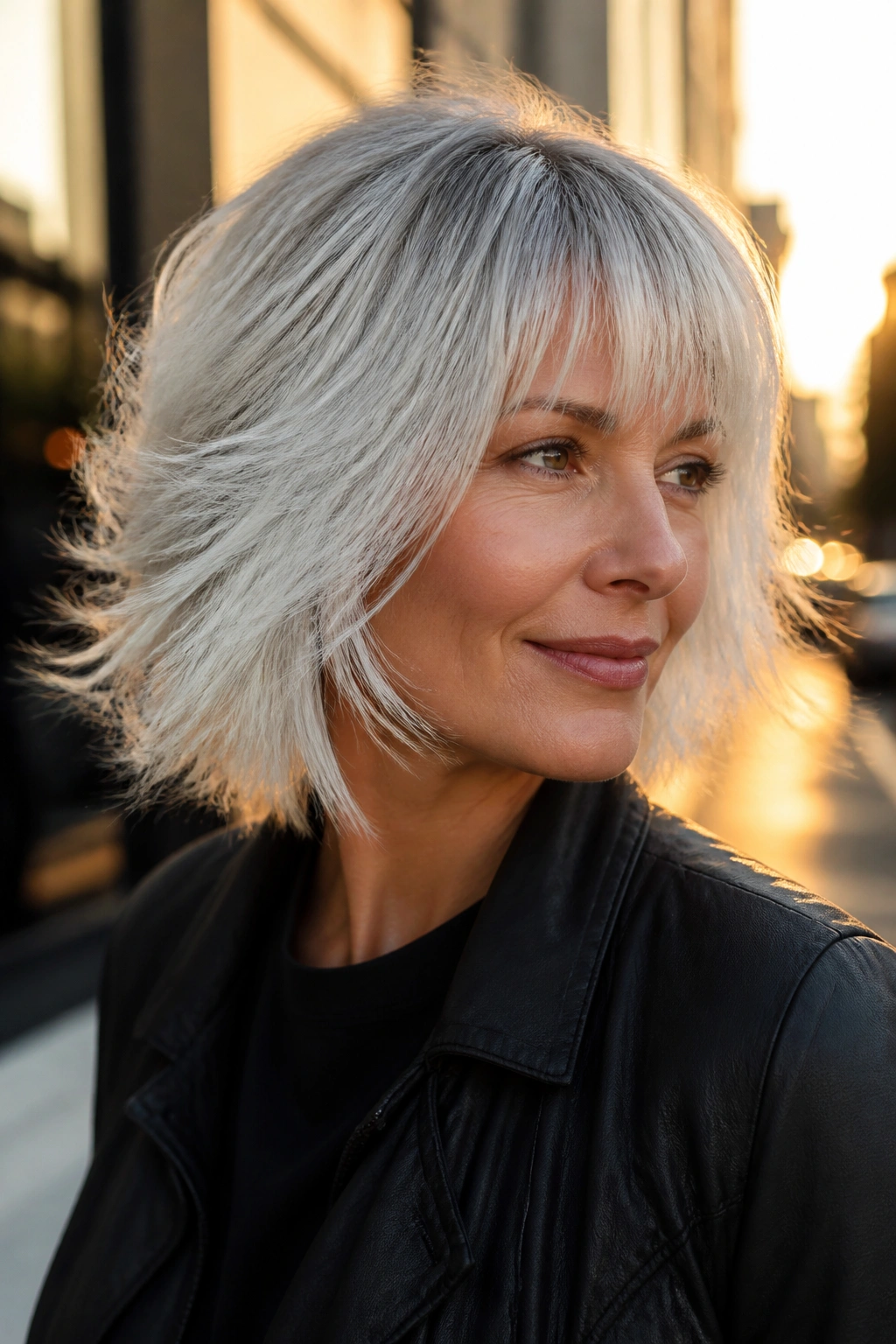Close-up of a real woman with a silver-white shag and feathered ends in outdoor light.