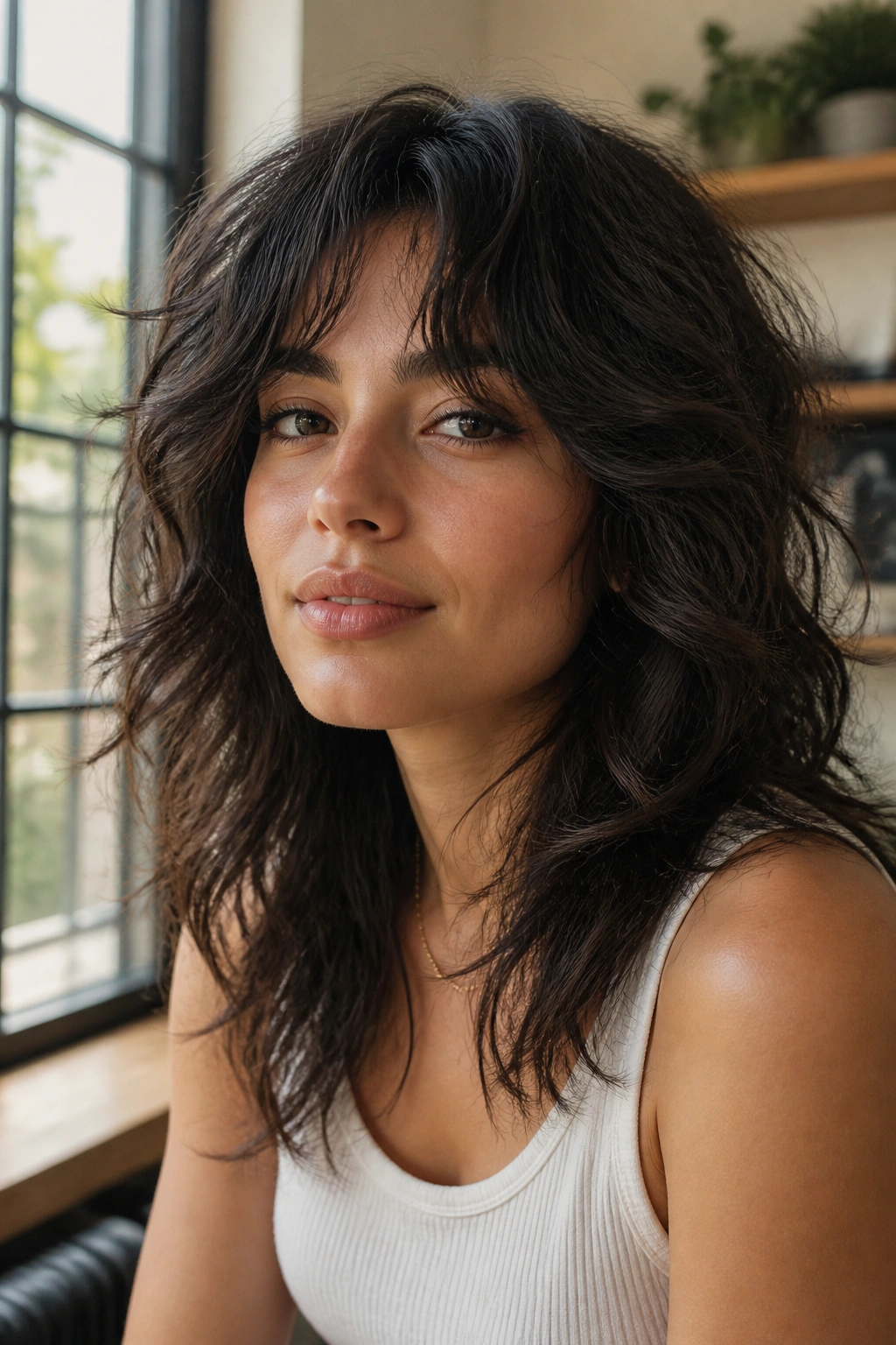 Real woman with shaggy layered cut showing texture and movement
