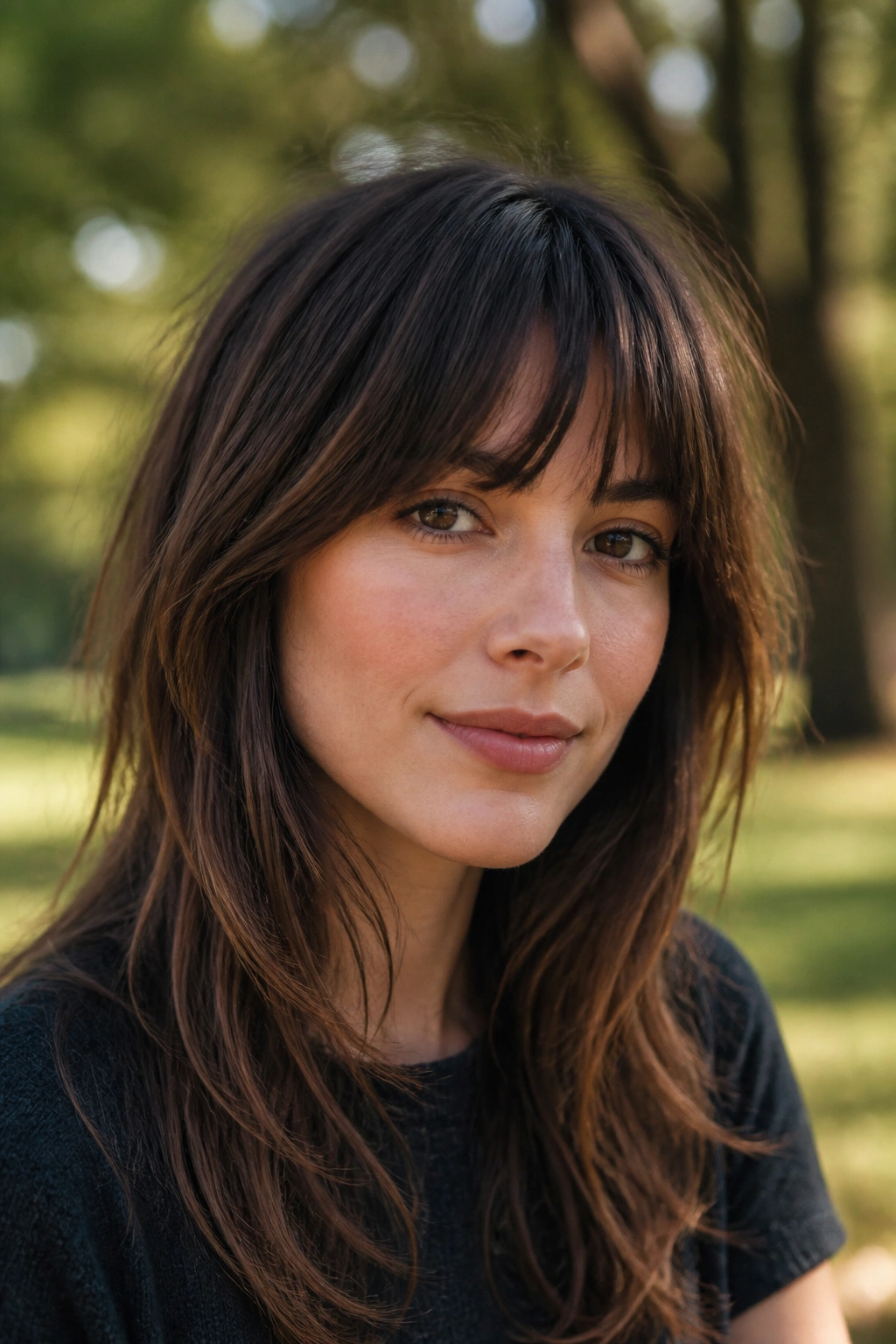 Close-up of a real woman with shag-inspired bangs in natural outdoor light