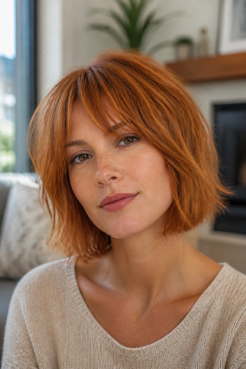 Close-up portrait of a real woman with a shag-inspired bob and light feathering in auburn copper tones.