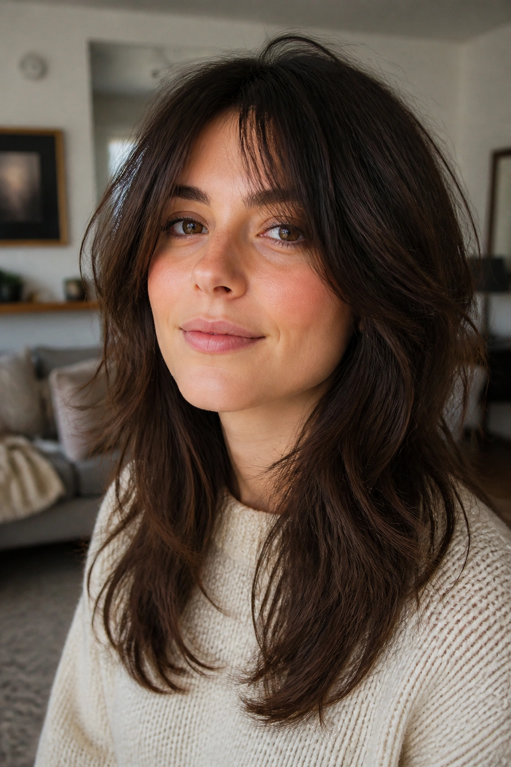 Brunette with grown-out shag layers showing movement