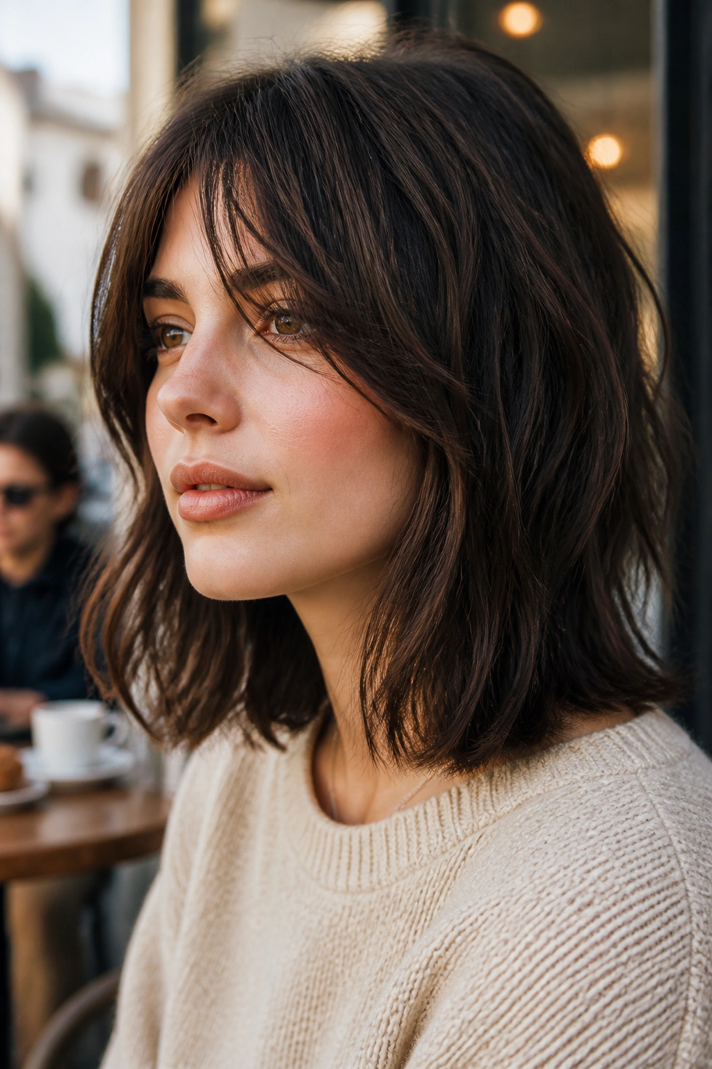 Real woman with shoulder-grazing shag lob and wispy layers that reach the shoulders.