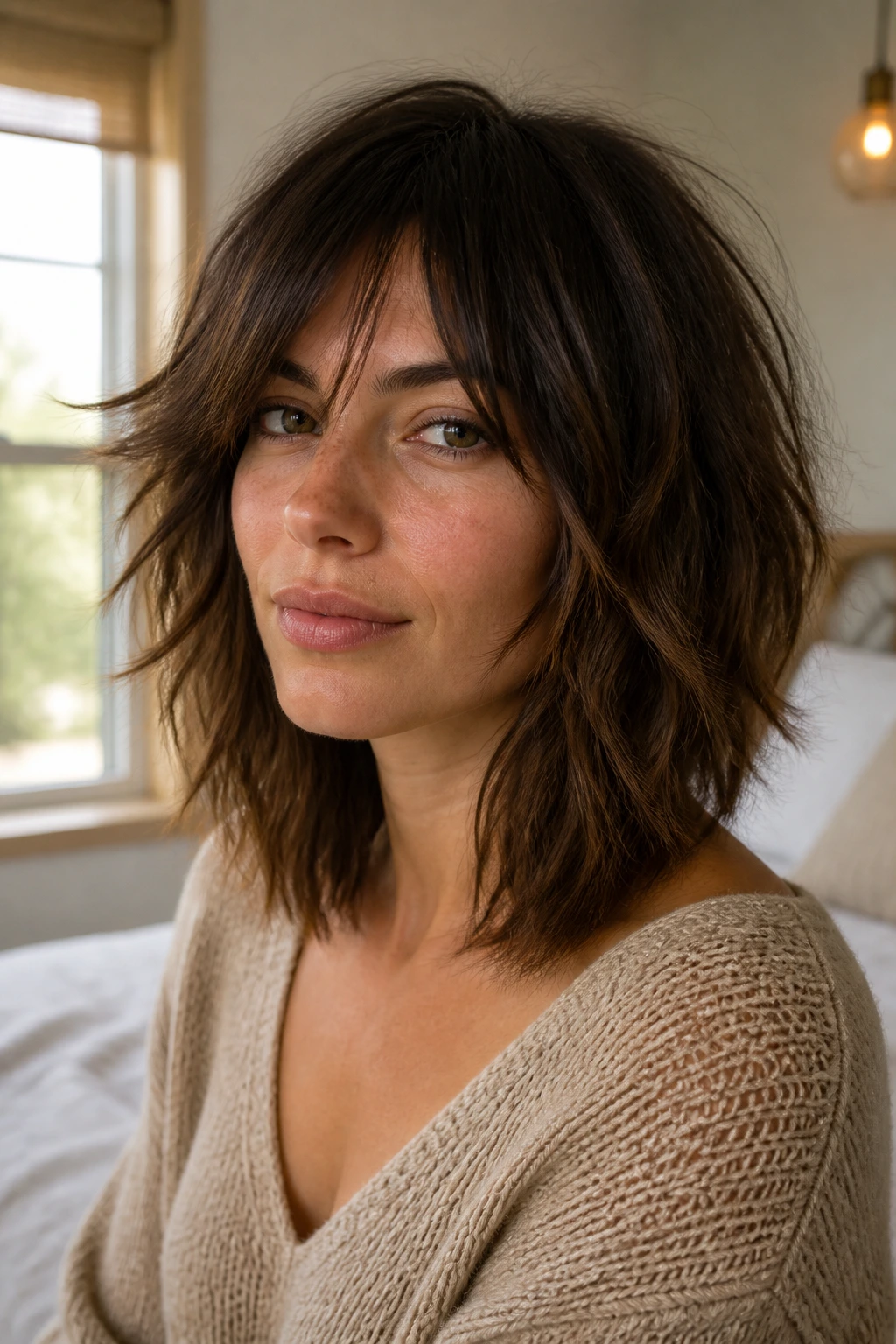 Close-up of a woman with textured shag lob and piecey ends in warm bedroom light.