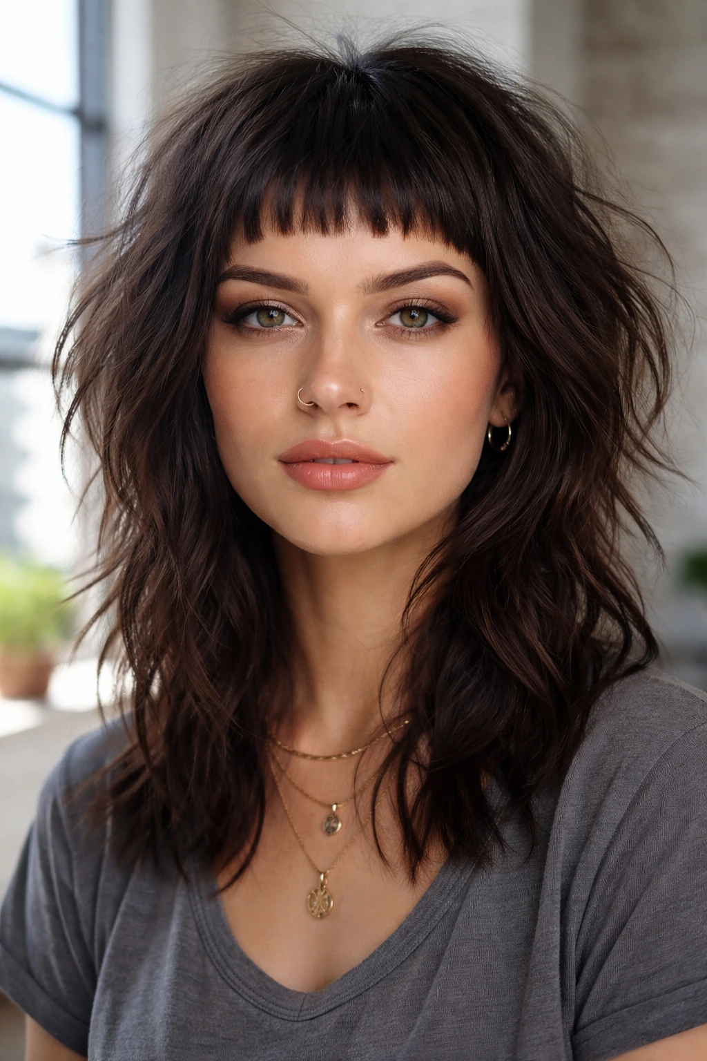Close-up portrait of a real woman with micro bangs and a messy shag
