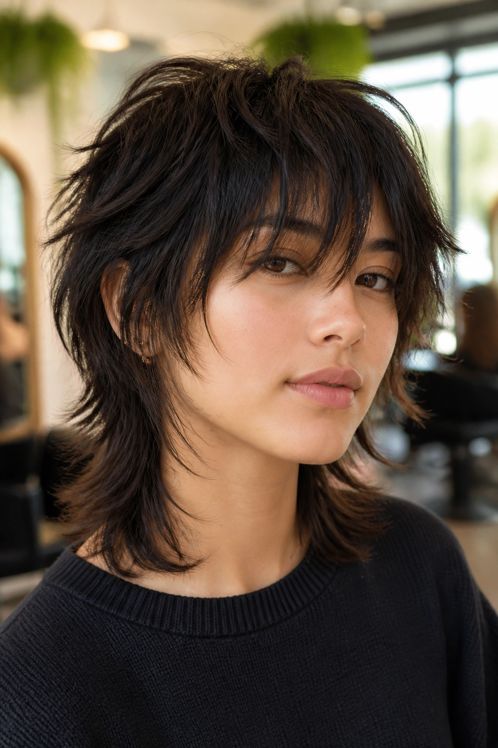 Close-up portrait of a real person with a modern shag mullet and long fringe