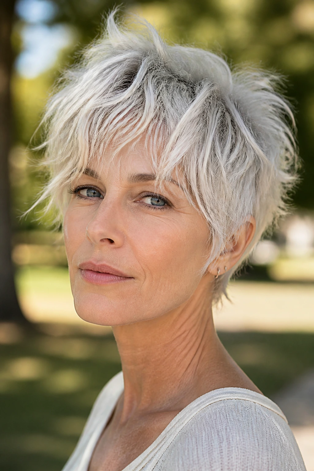 Close-up portrait of a real woman with a shag-pixie hybrid platinum hairstyle.
