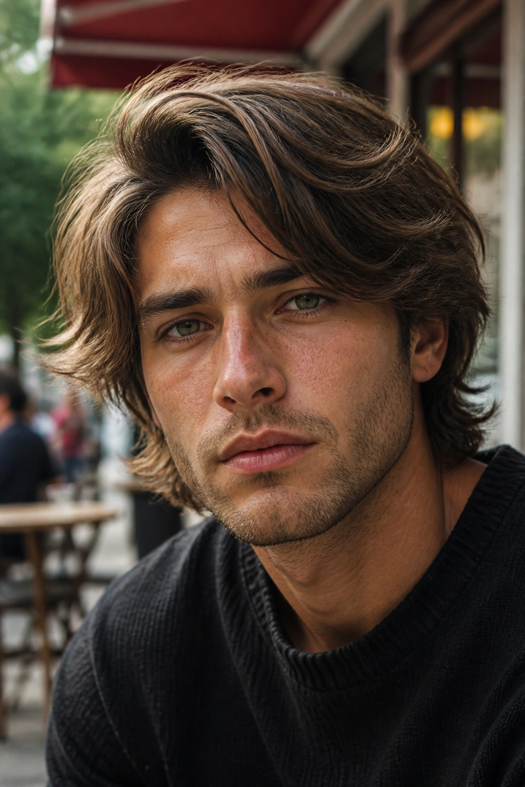 Close-up portrait of a man with side-parted shag swept to the side in ambient street light.