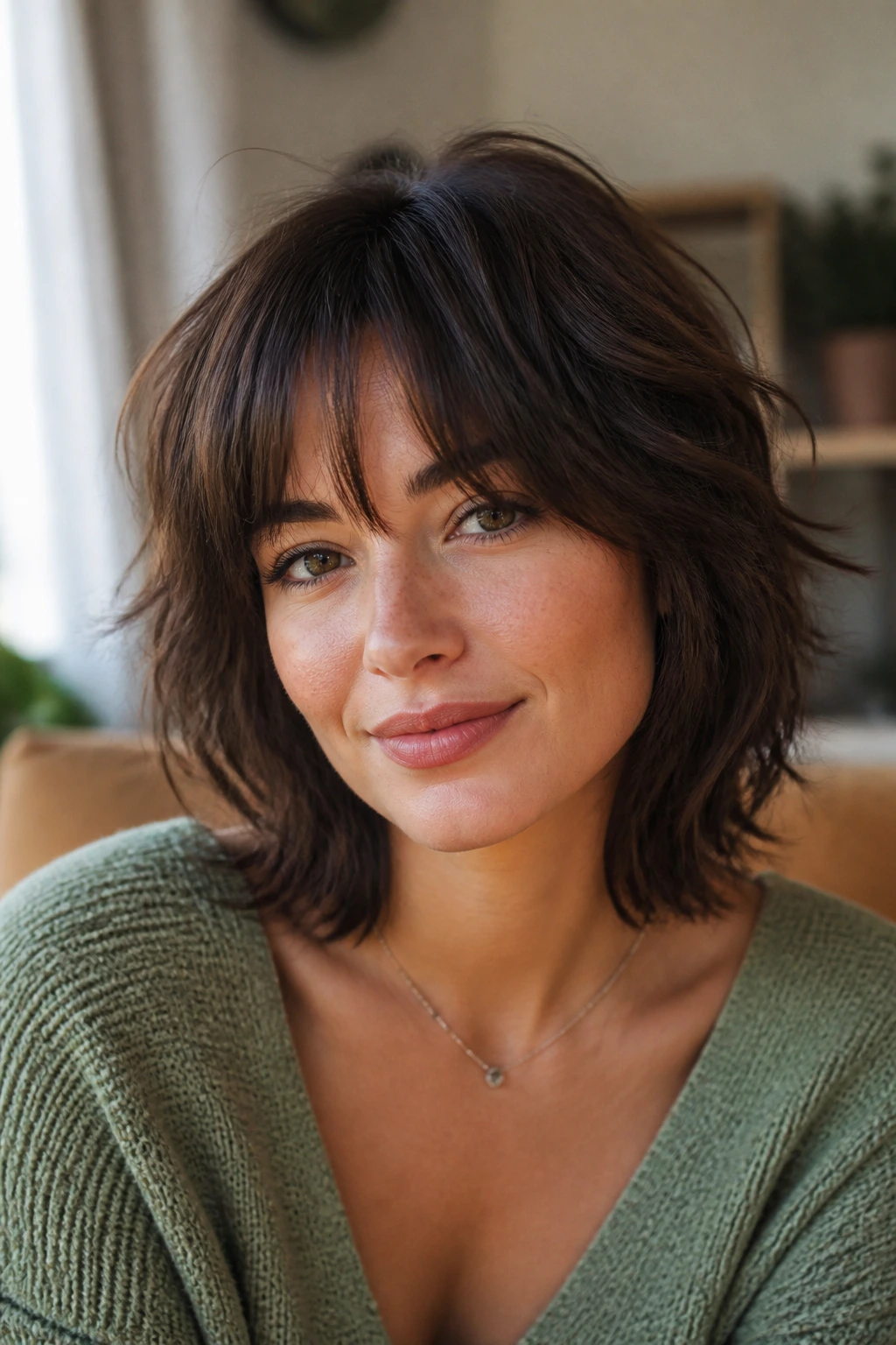 Close-up of a real woman with shag and soft broken fringe