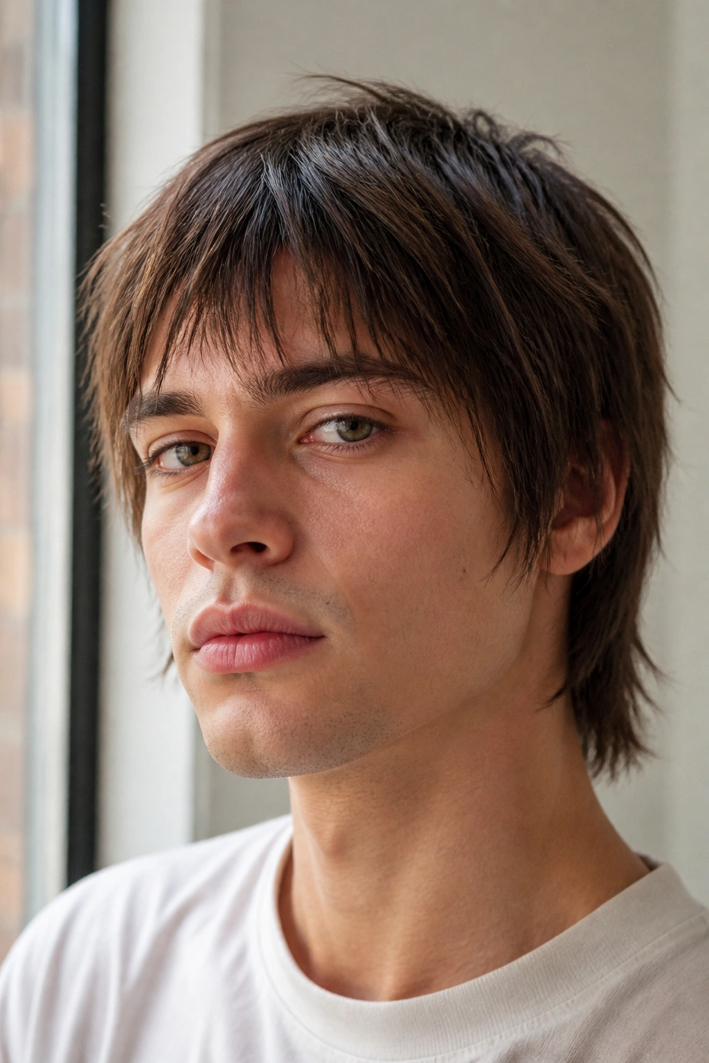 Close-up portrait of a man with pin-straight shag and broken ends in bright window light.