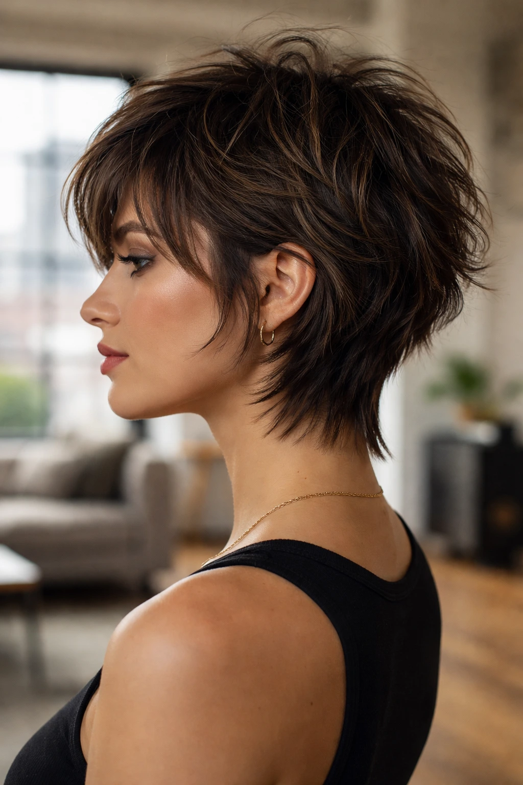Side-profile real woman with a shag featuring a tapered nape