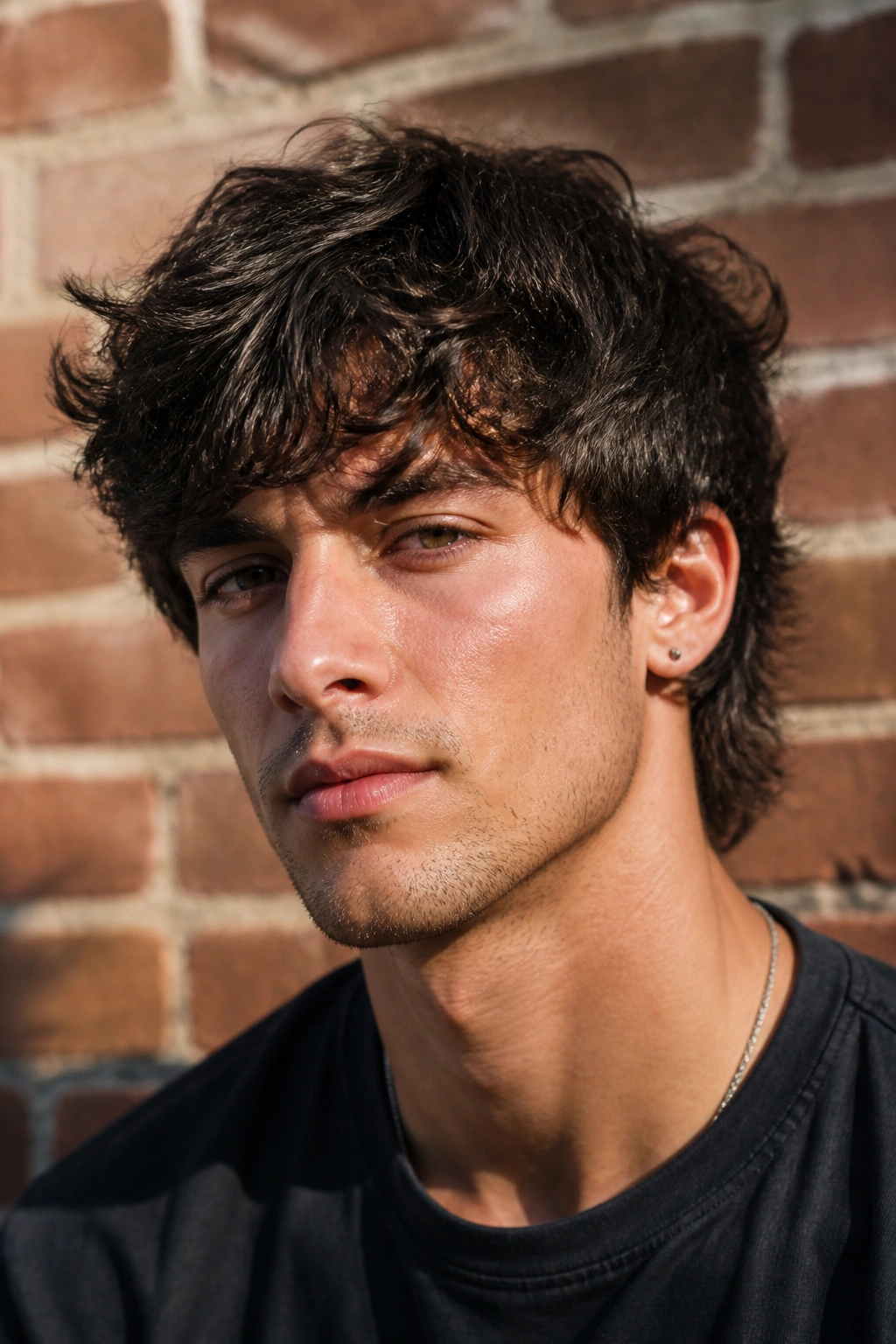 Close-up portrait of a man with thick-hair shag featuring a strong top and textured layers against a brick wall.