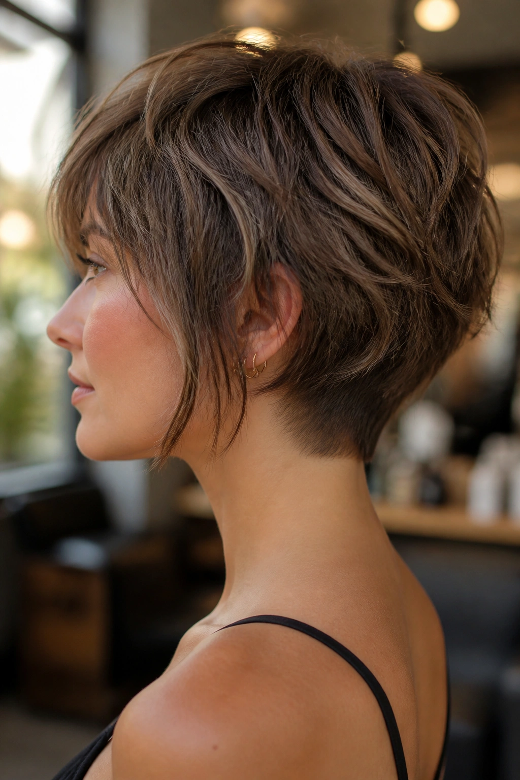 Close-up portrait of a real woman with shag haircut featuring a subtle nape undercut.