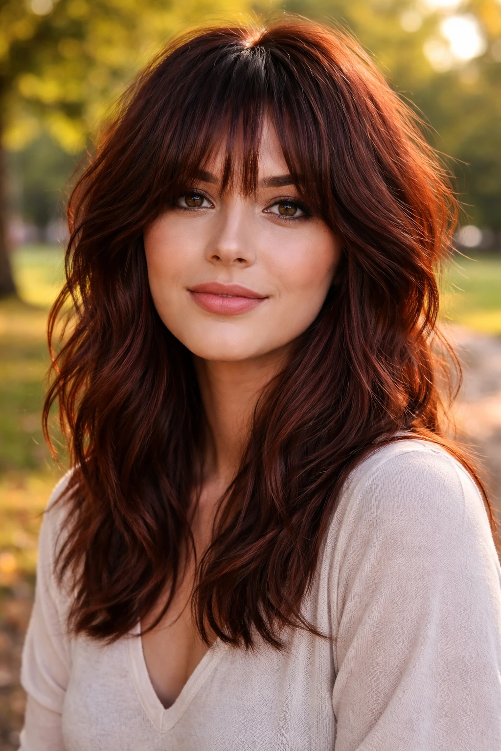 Close-up of a real woman with a shag and wispy bangs in mahogany