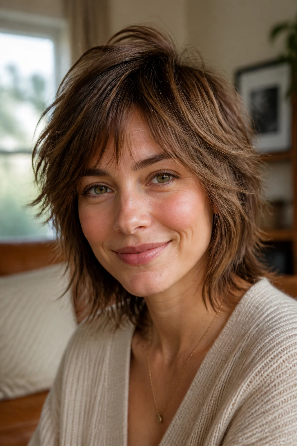 Close-up of a real woman with a shag hairstyle featuring wispy ends and soft crown lift.