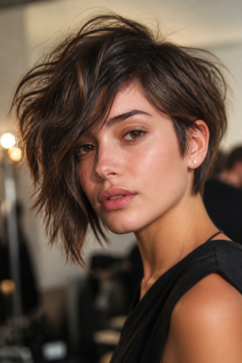 Close-up of a woman with a shaggy asymmetrical bob