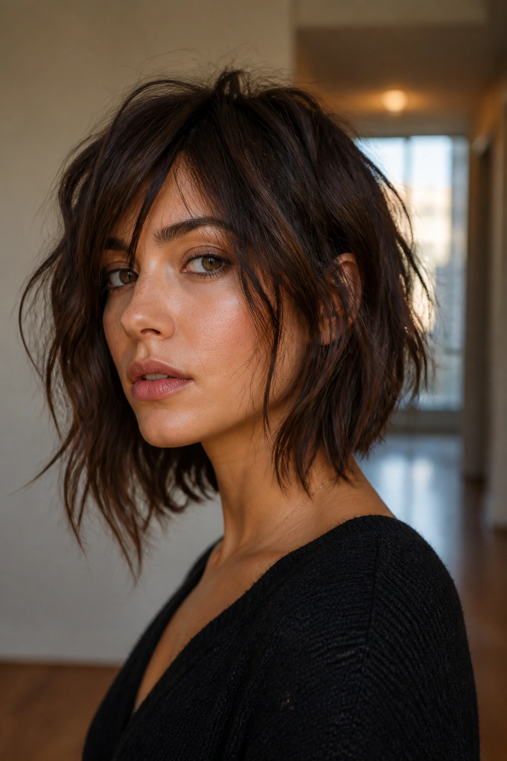 Portrait of a real woman with a shaggy asymmetrical bob and piecey layers