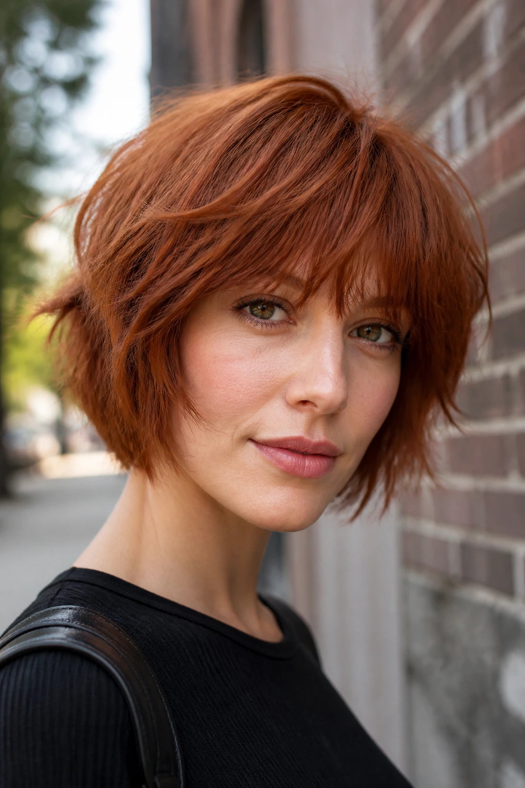 Close-up portrait of a real woman with shaggy auburn bob outdoors on a city sidewalk
