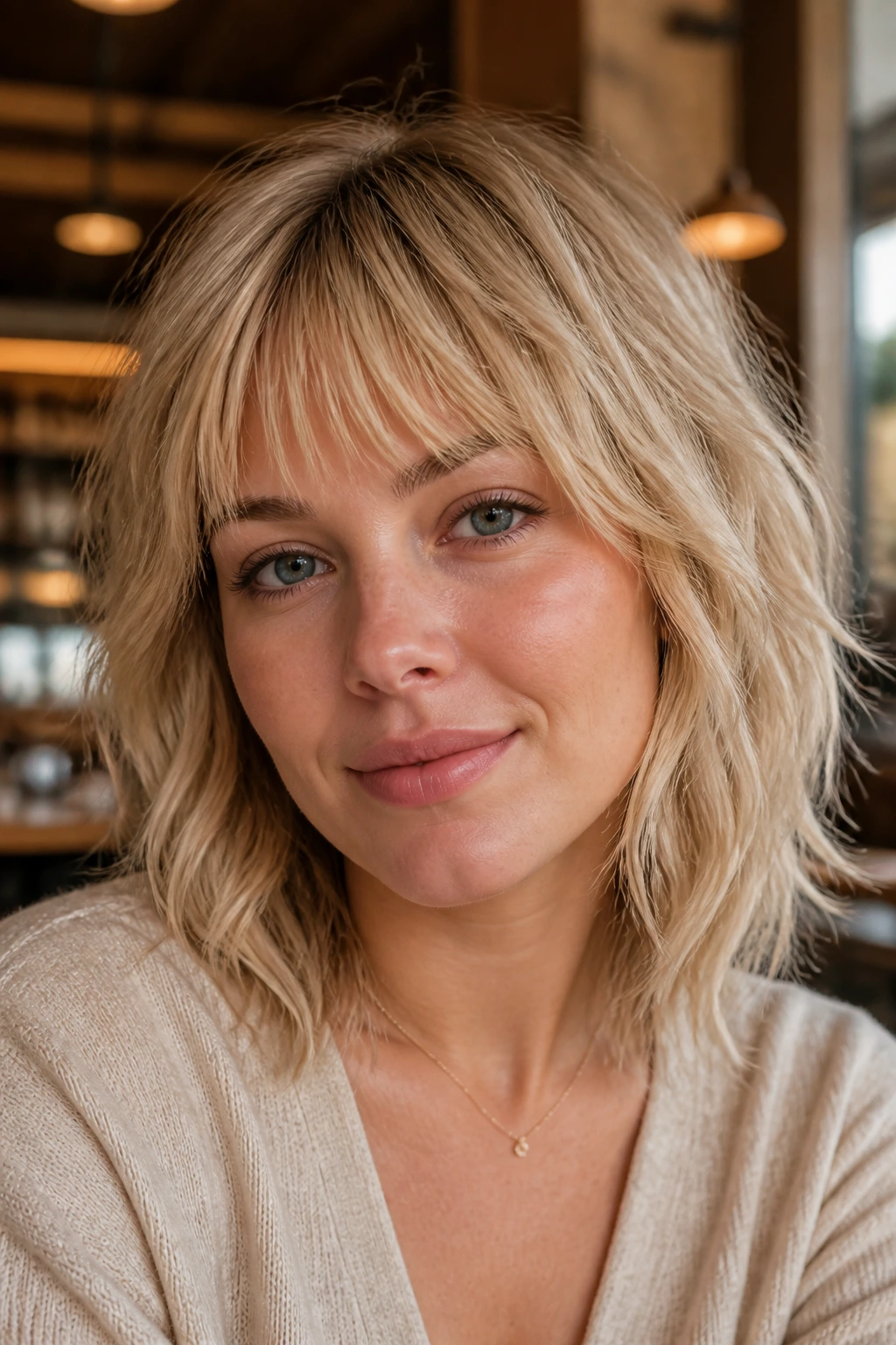 Close-up of a real person with shaggy beige-blonde bangs.