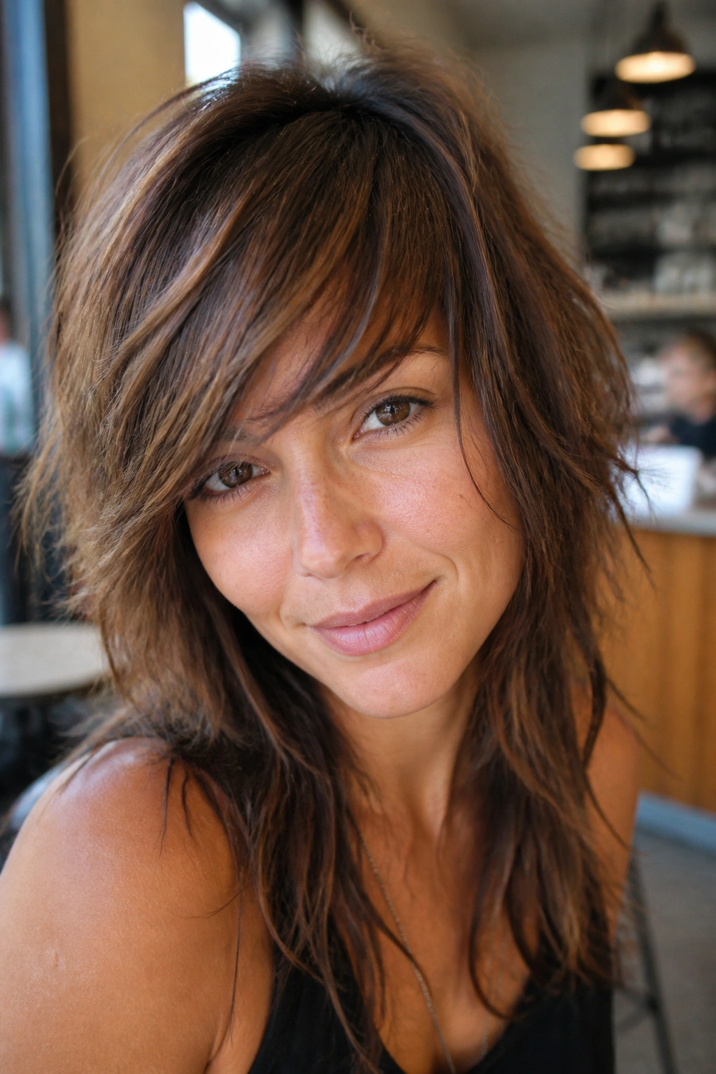 Close-up of a woman with shaggy side swept bangs and choppy layers