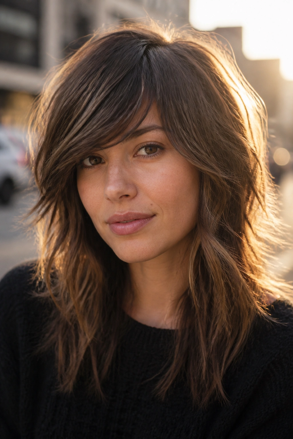Close-up of real person with shaggy side bangs and choppy layers in daylight