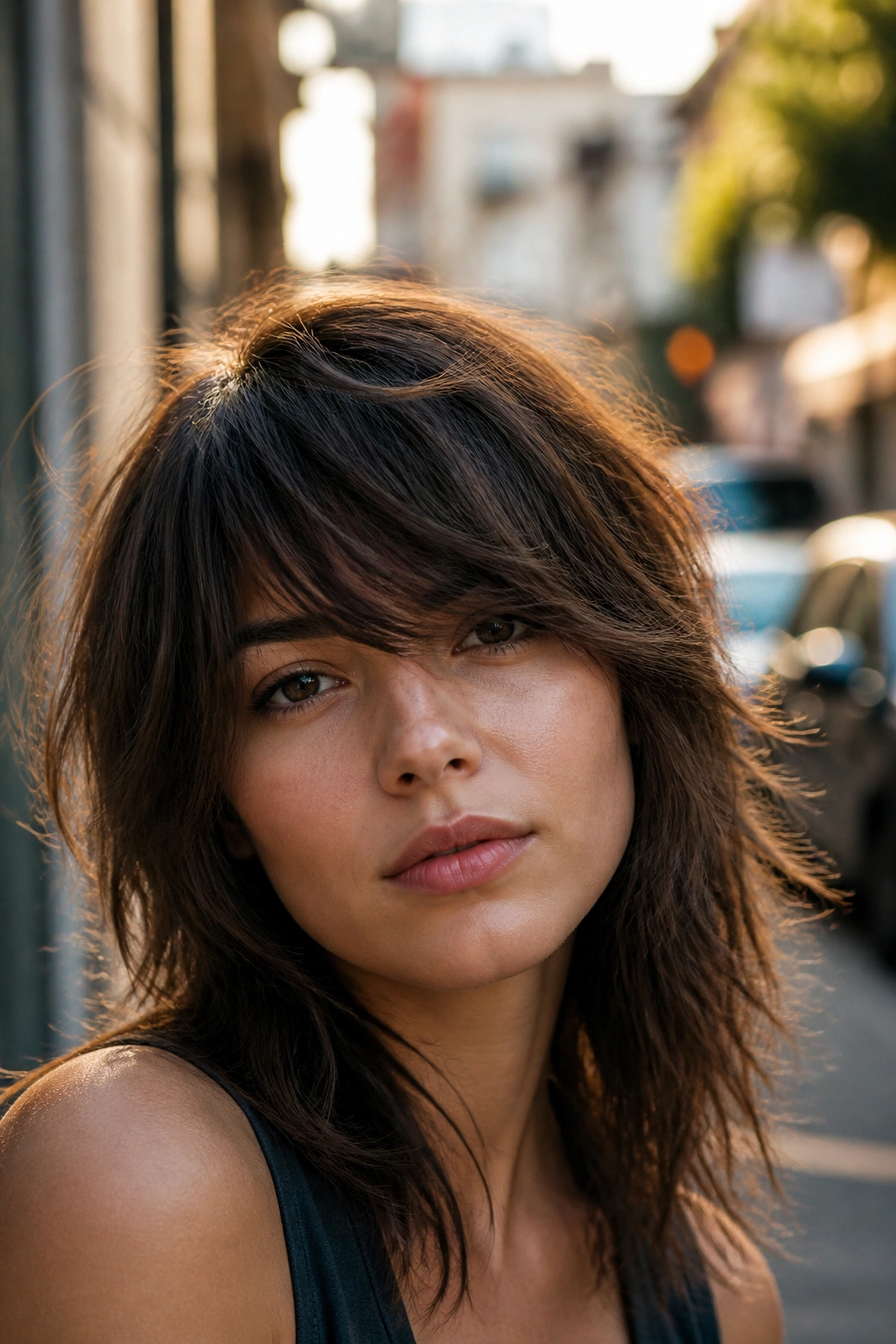 Close-up of a real woman with shaggy side bangs and choppy layers