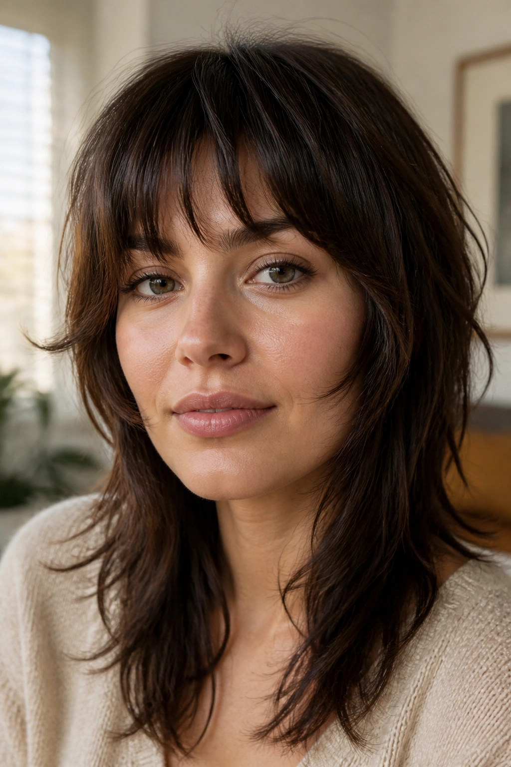 Close-up portrait of a woman with shaggy bangs and layered fringe in natural light.