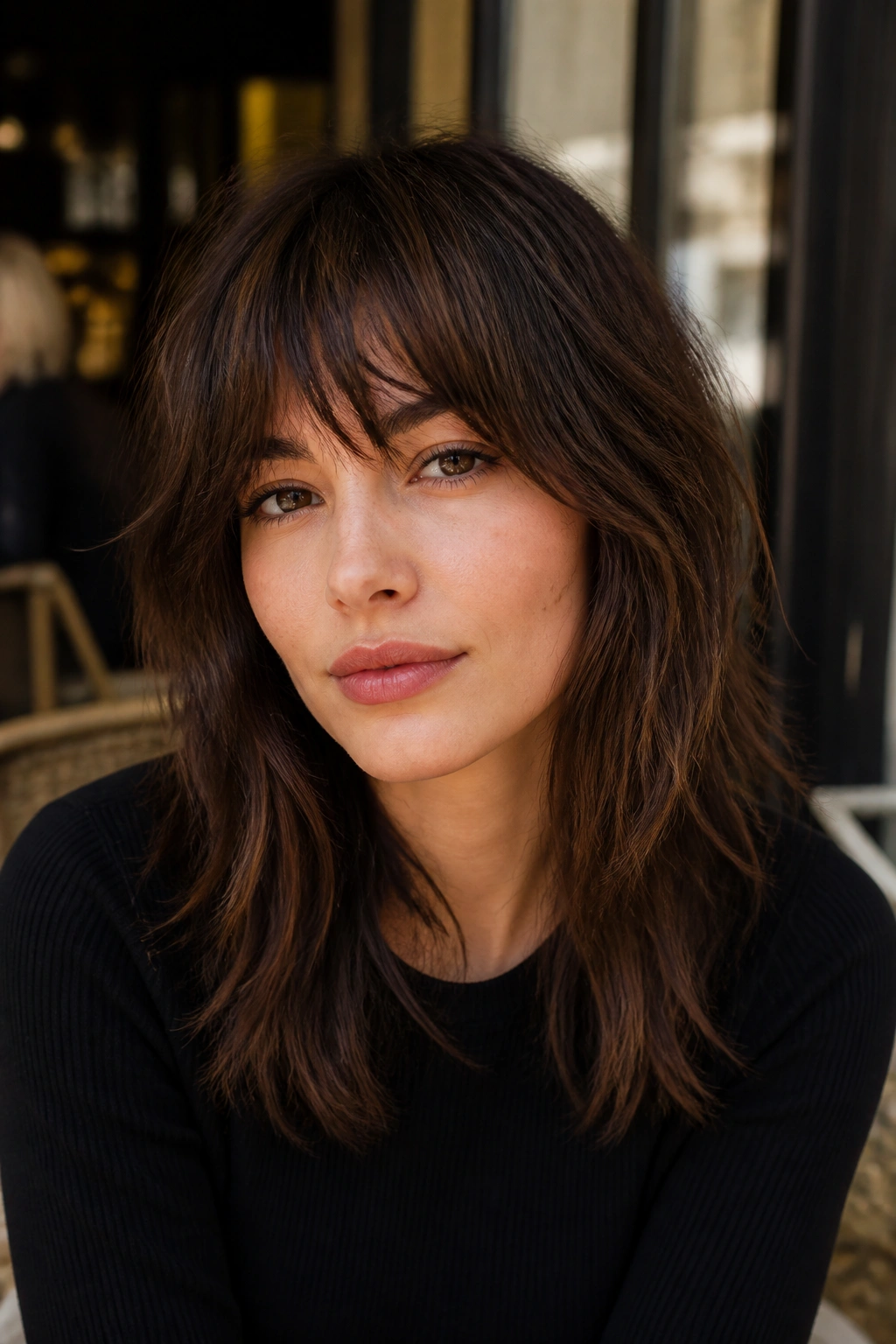 Close-up of a real woman with shaggy bangs and medium layers, daylight