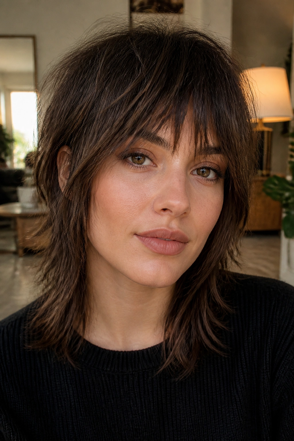 Portrait of a real person with shaggy razor-cut bangs
