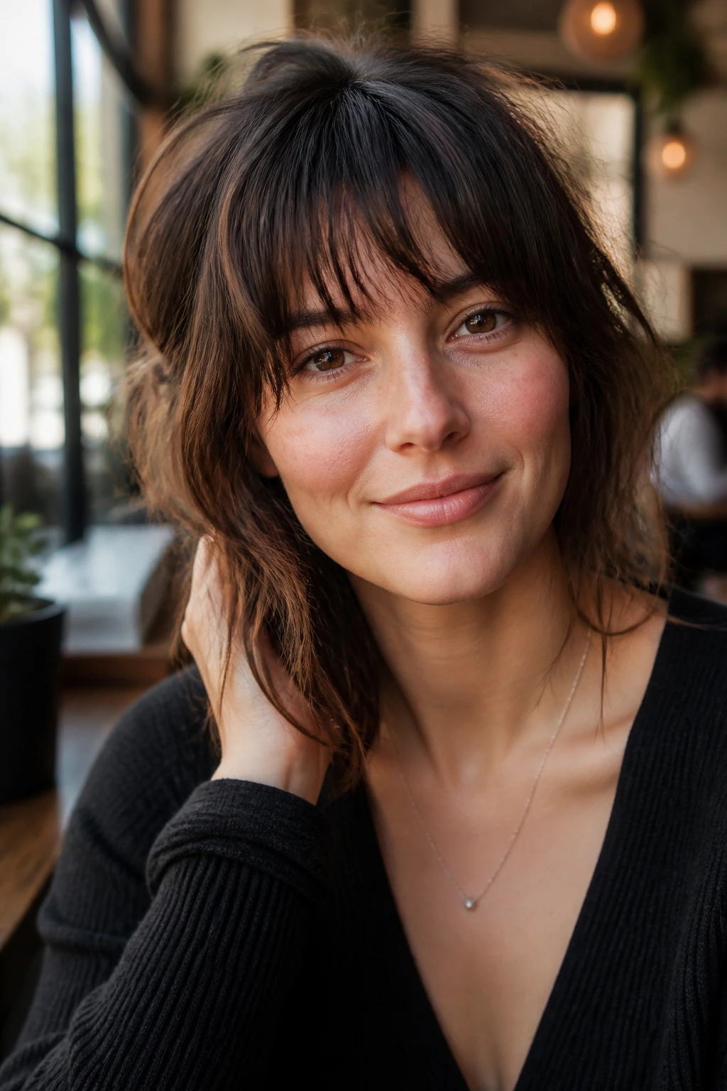 Close-up of a real woman's face with shaggy, uneven bangs in a sunlit setting