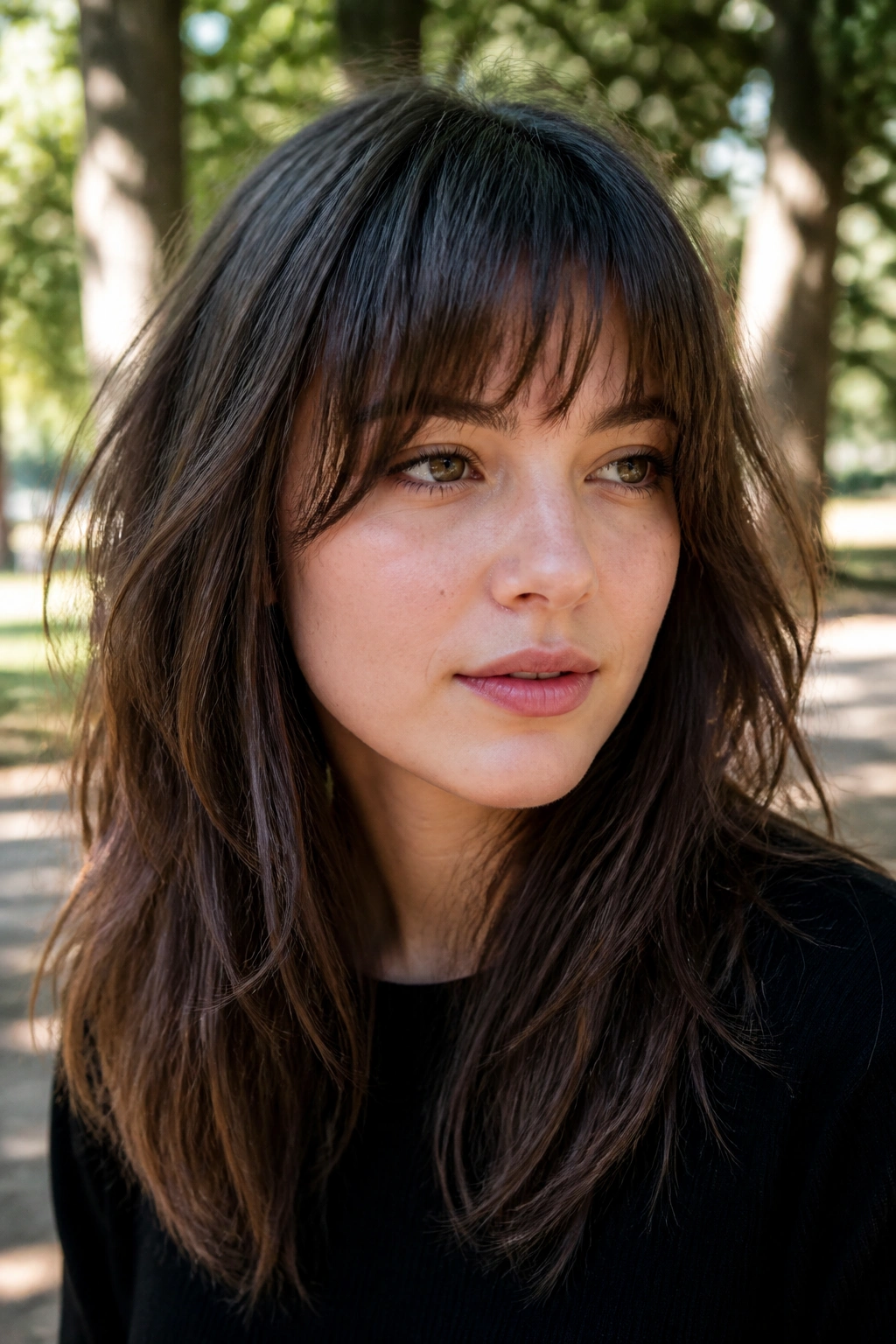 Real woman with shaggy shaggy bangs and texture in park light