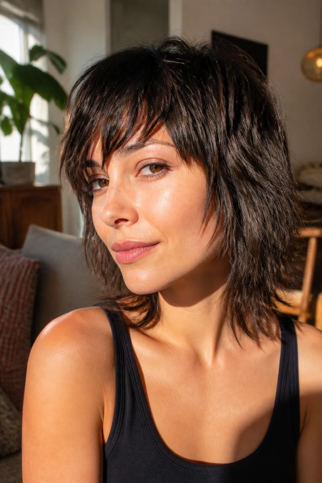 Real woman with shaggy uneven bangs creating movement.
