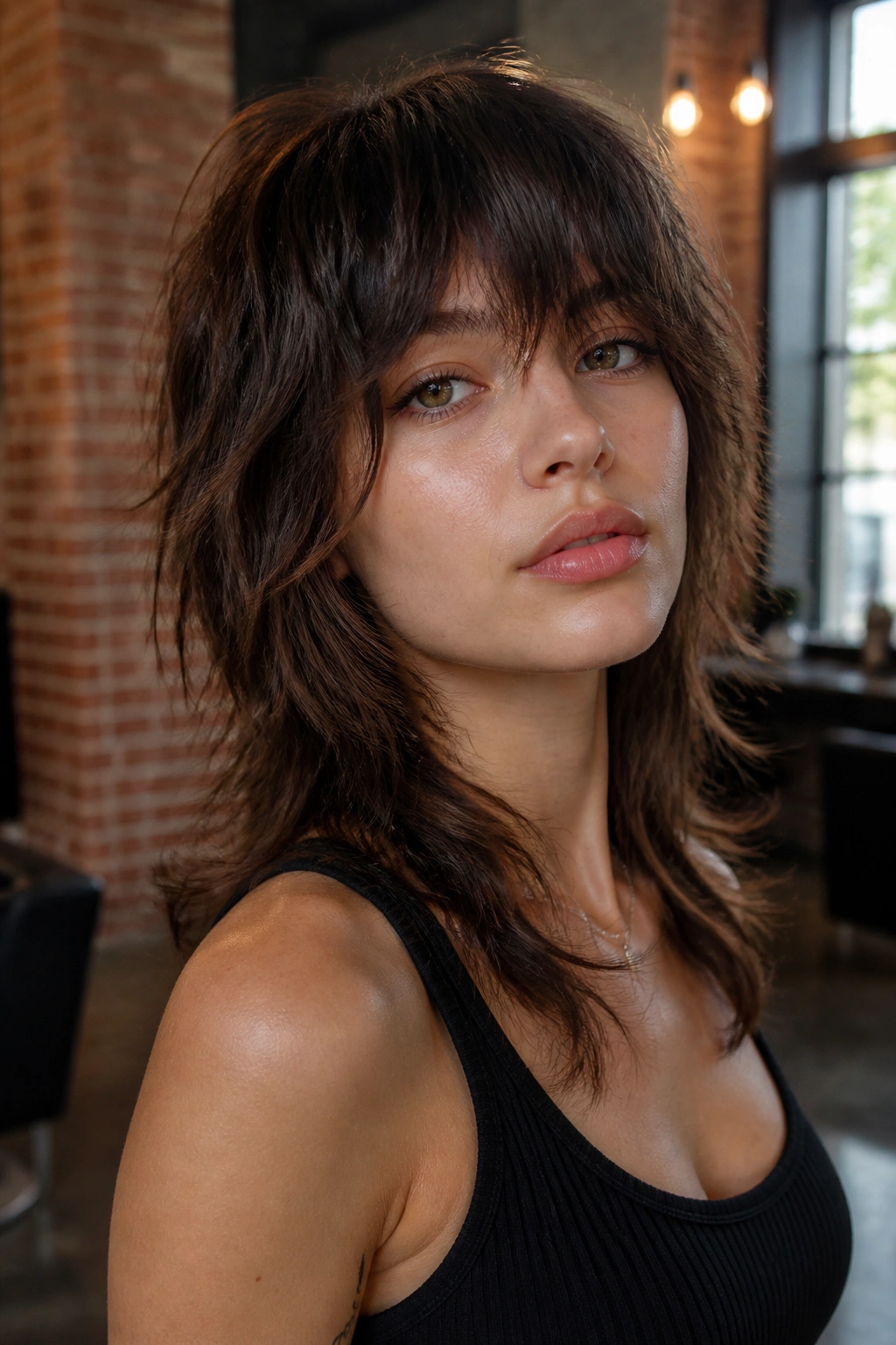 Close-up of shaggy bangs and wolf cut on a real person in a stylish salon