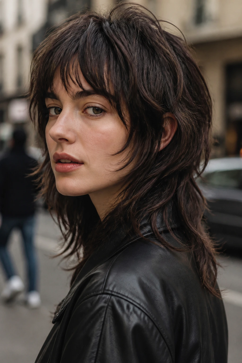 Close-up portrait of a real person with shaggy bangs merged into a wolf cut