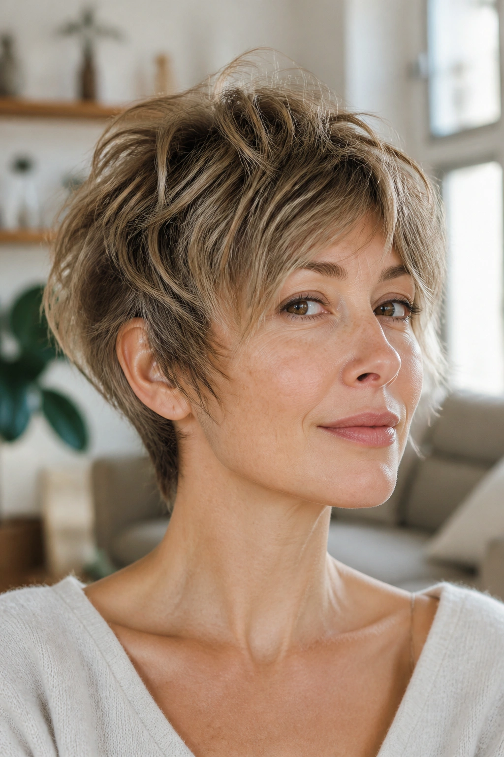 Real woman with shaggy bixie haircut with movement.