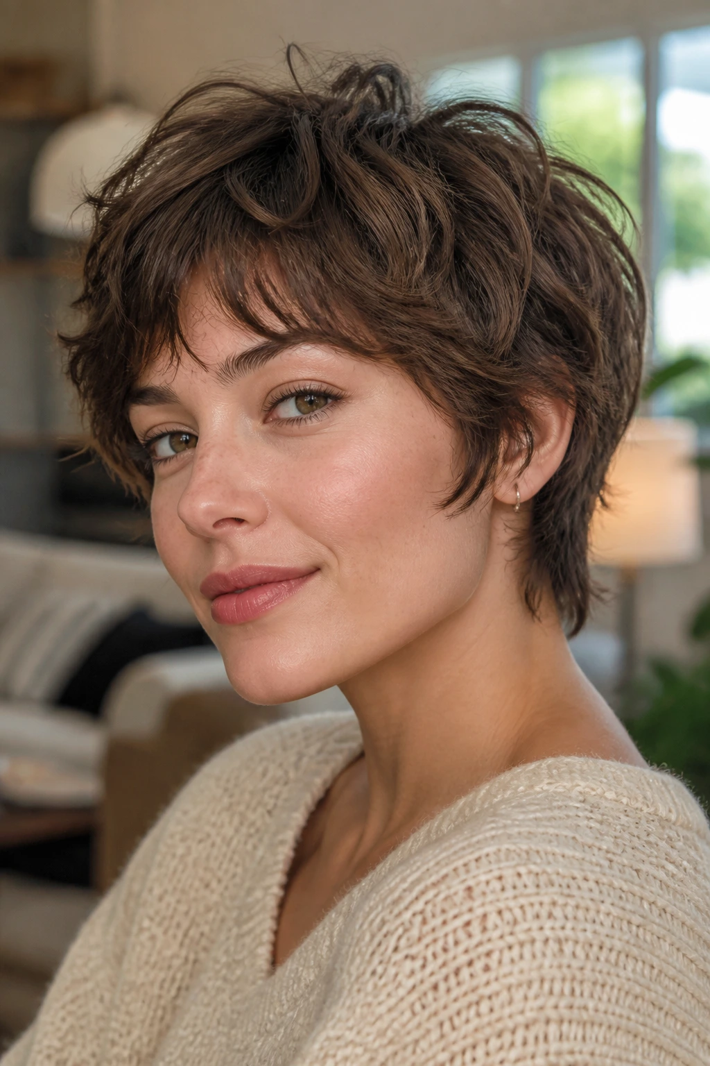 Close-up of a woman with a shaggy bixie hairstyle and wavy texture.